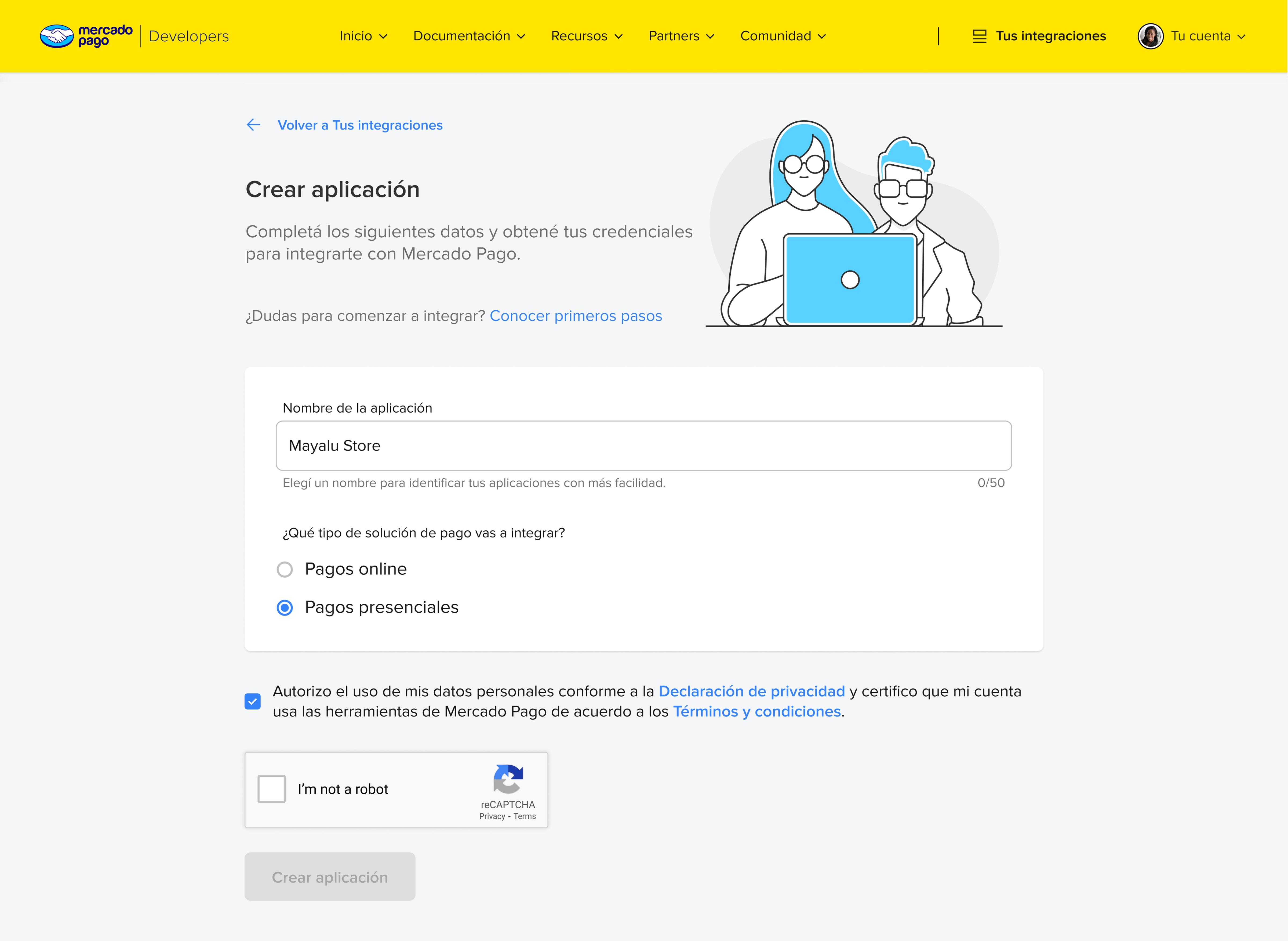 Pantalla Crear aplicación